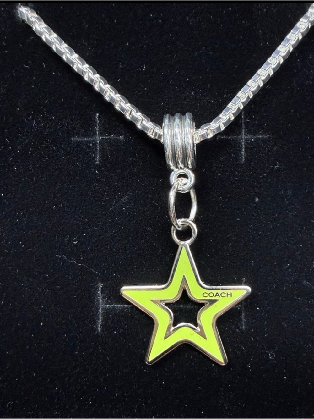 COACH Green Hollow Pendant hanging on an amazing  Chain (18”).